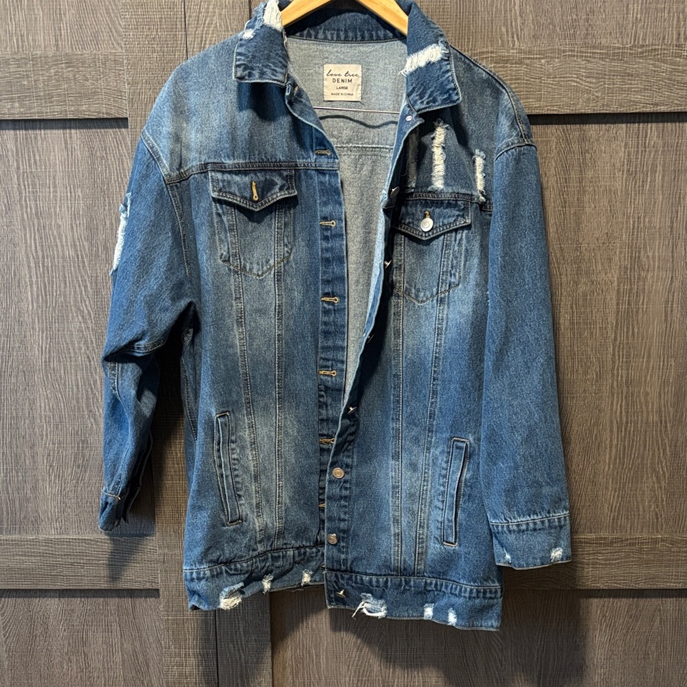 Love Tree Blue Distressed Jean Jacket
